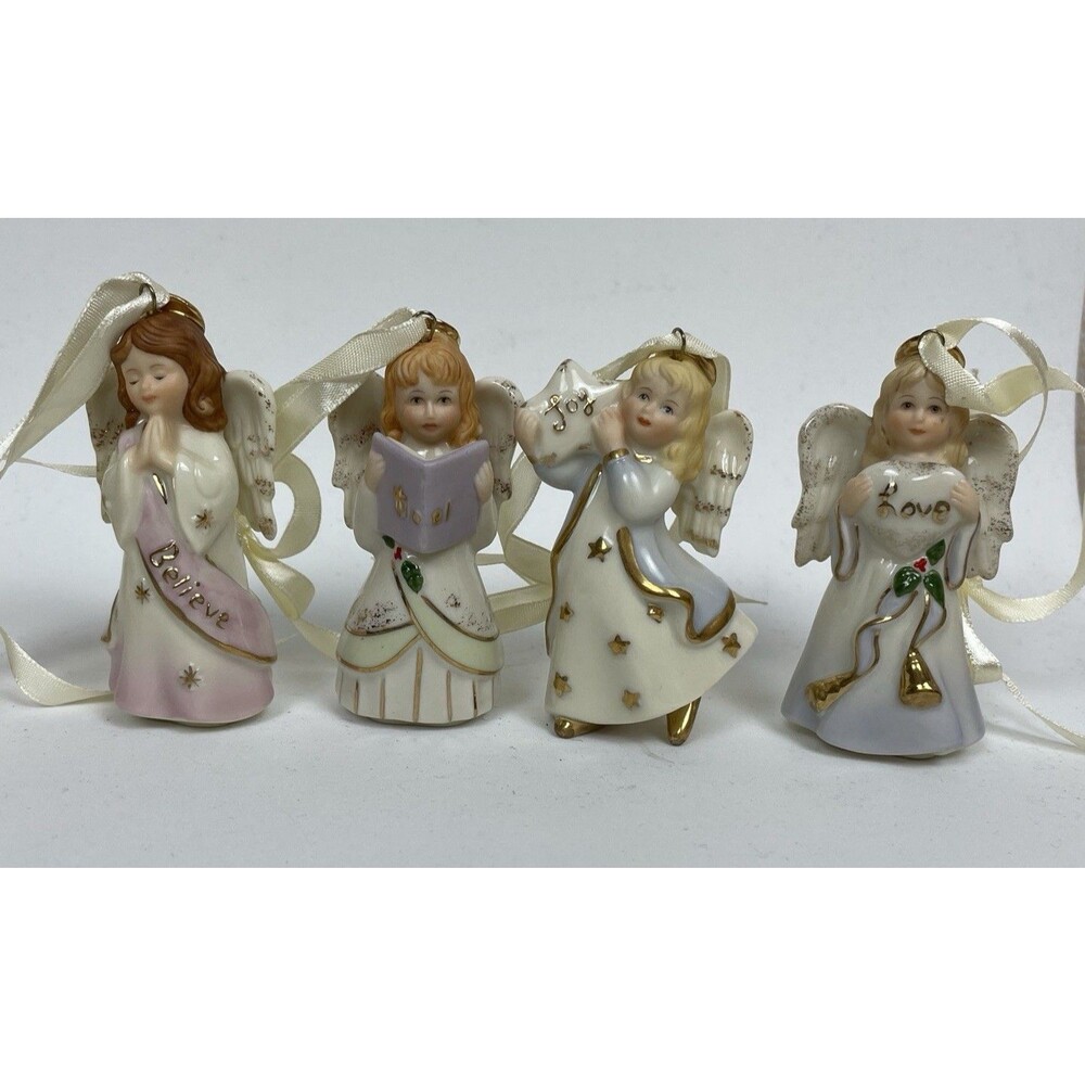 Vintage Set of 4 Joy-Love-Believe-Noel Lenox Mini Porcelain Angel Ornaments